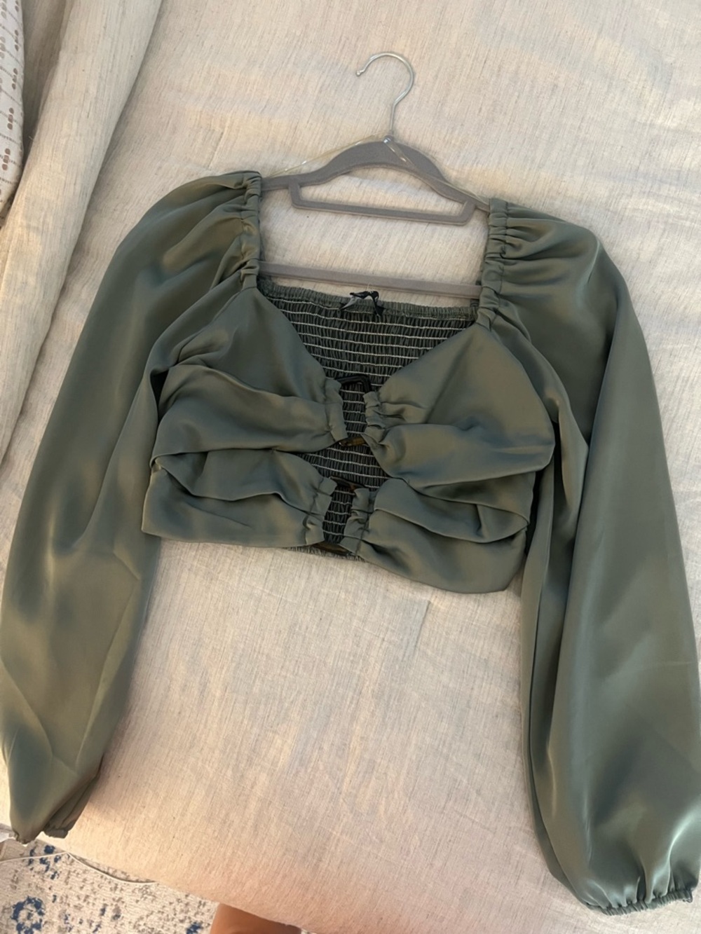 Ruched Olive Green Long-Sleeve Cropped Top